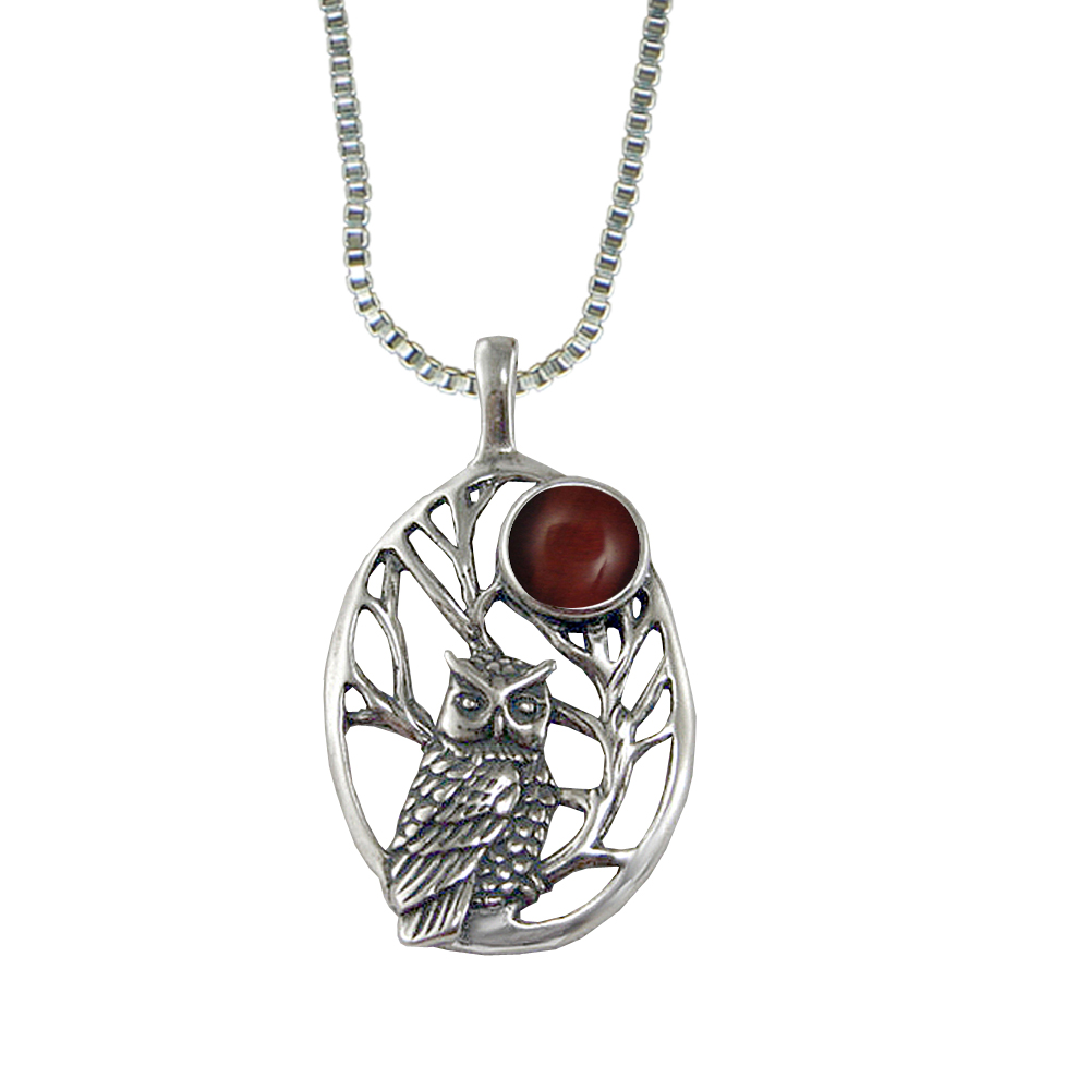 Sterling Silver Sacred Owl Pendant With Red Tiger Eye